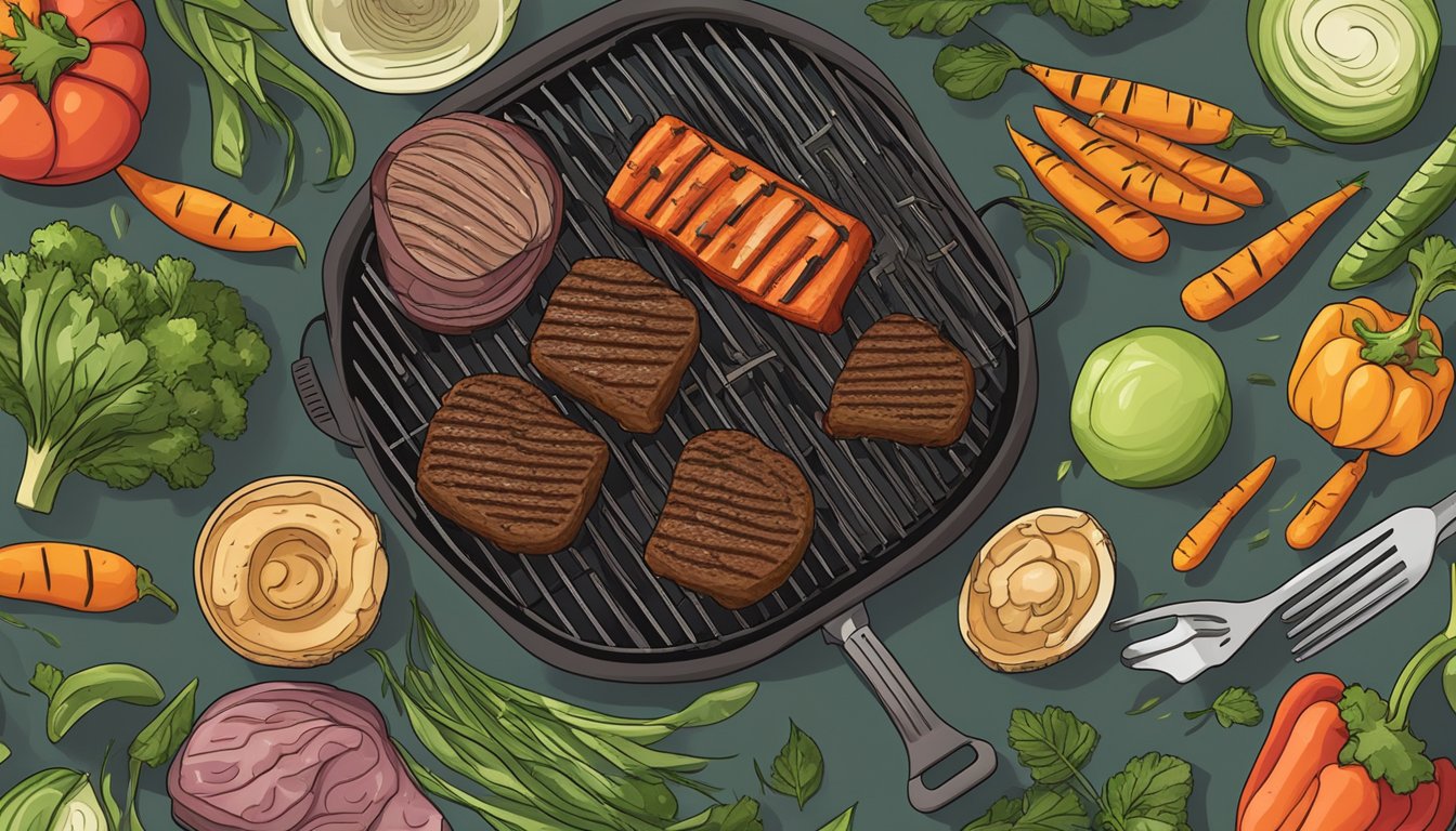 A grill with various vegetables and plant-based protein cooking over low heat, while a piece of charred meat sits off to the side