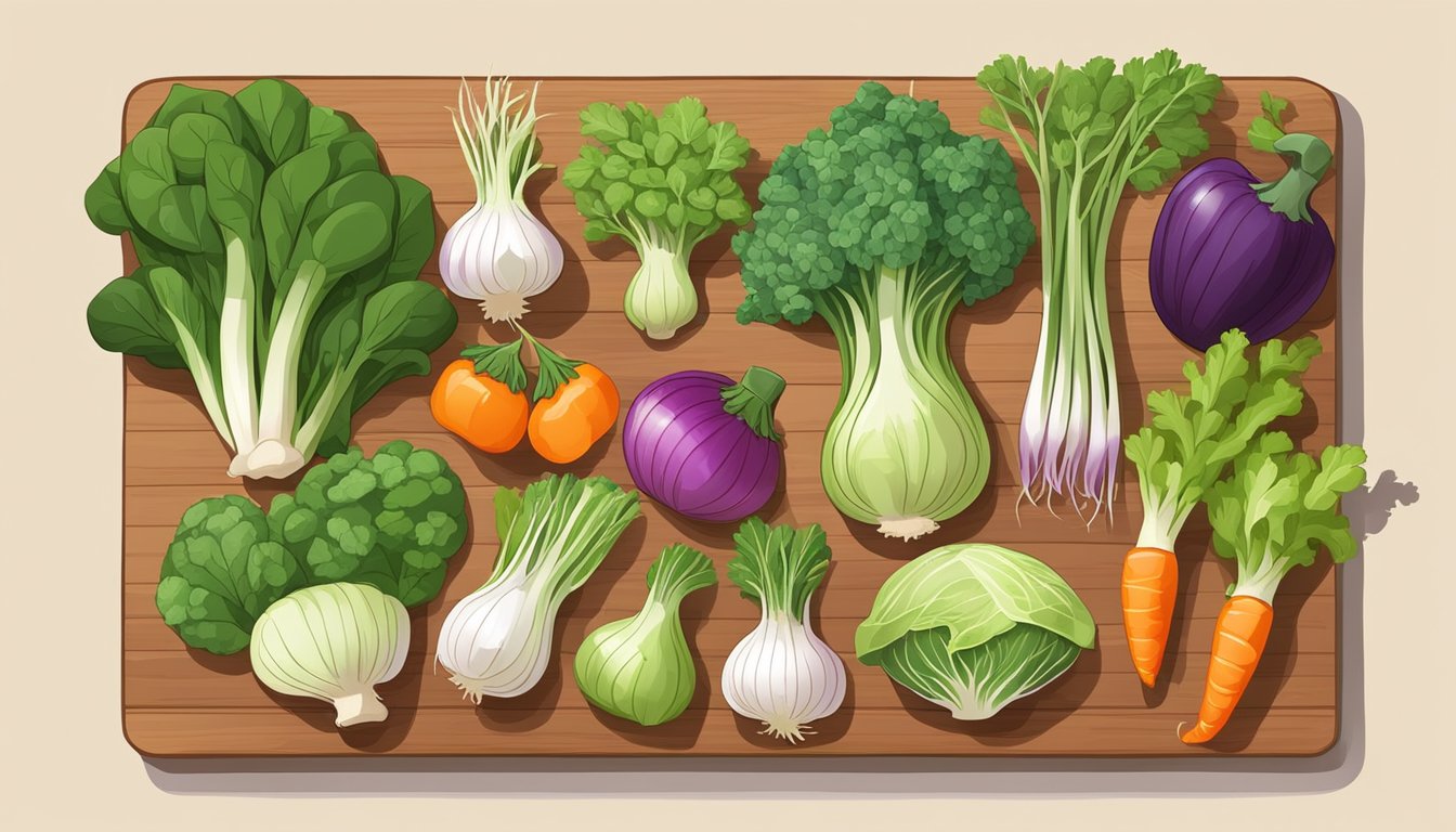 A colorful array of fresh sprouts arranged on a wooden cutting board, surrounded by various herbs and vegetables