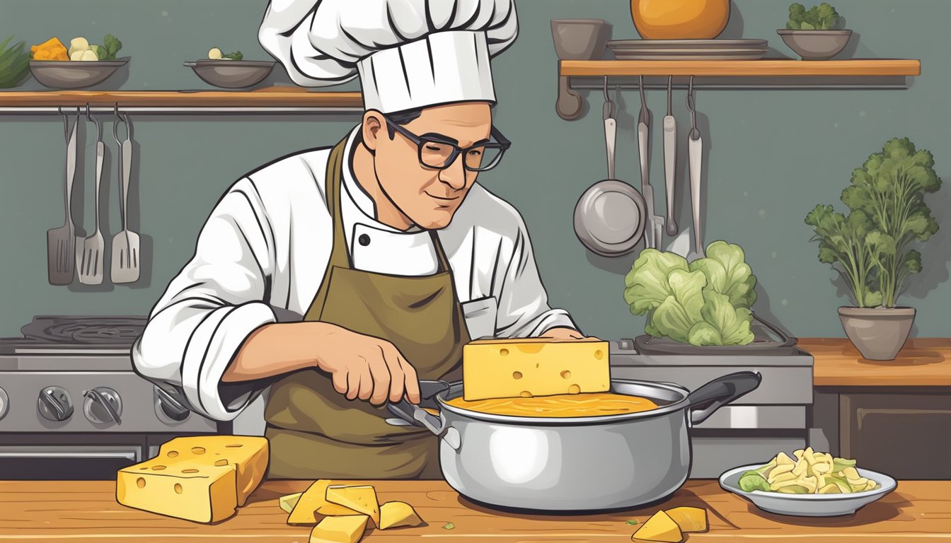 A chef slicing cheese rinds and adding them to a pot of simmering soup