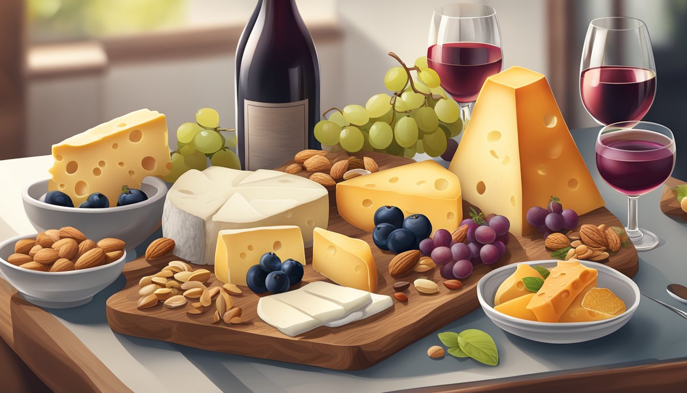 A cheese board with various rinds, surrounded by wine glasses and food pairings like fruit and nuts