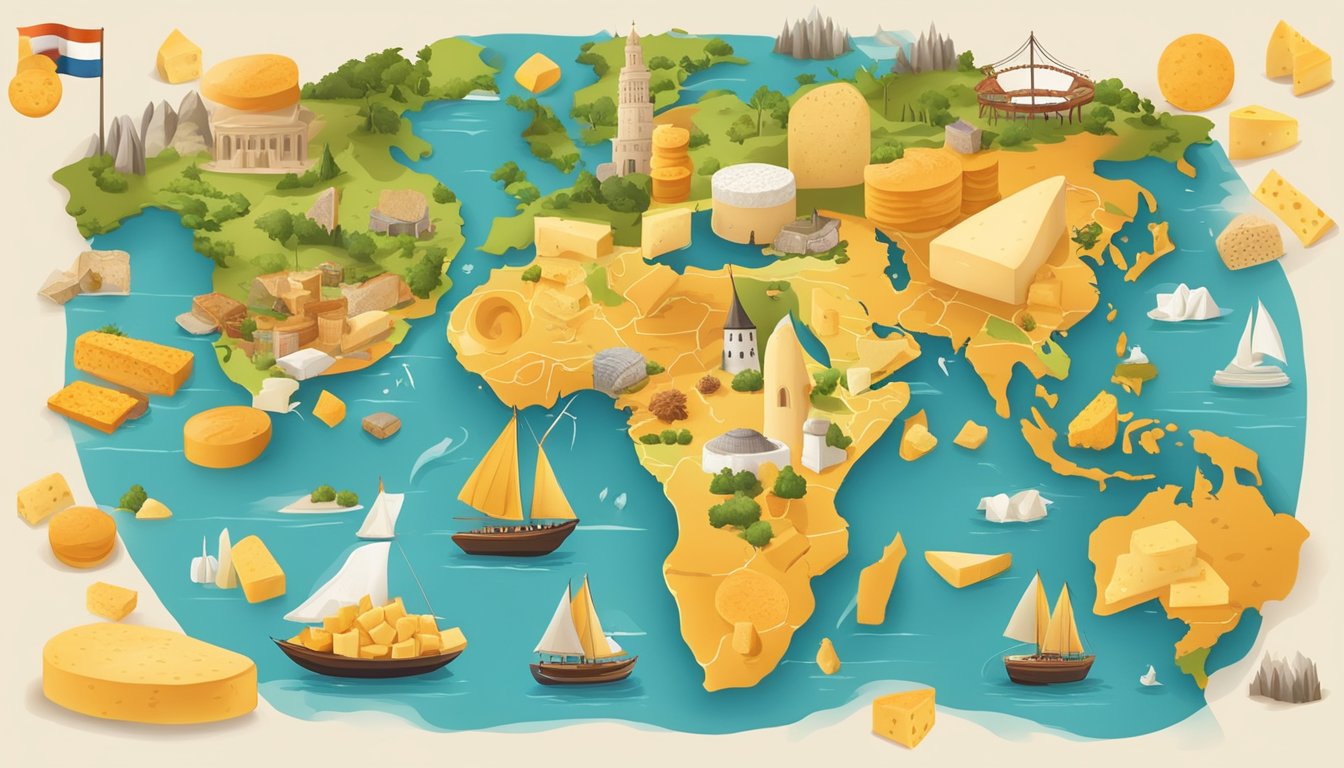 A colorful map with various cheese rinds from around the world, surrounded by cultural symbols and landmarks