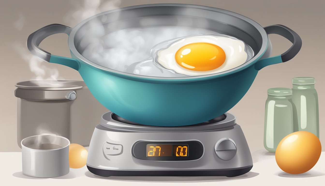 A pot of boiling water with two eggs inside, one cracked open with a soft, runny yolk spilling out. A timer set beside the pot