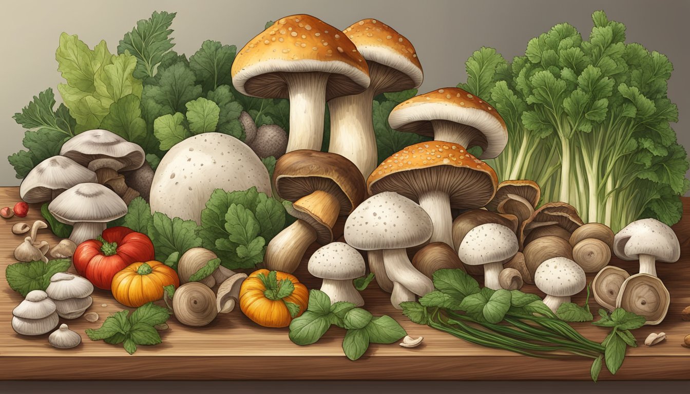 A variety of mushrooms, including button, portobello, and shiitake, are arranged on a wooden cutting board alongside fresh herbs and vegetables