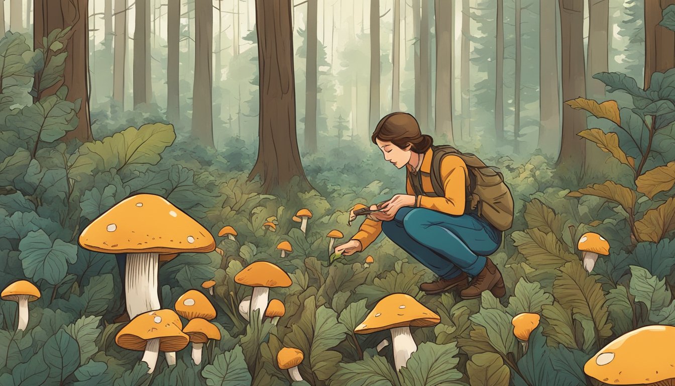 A person picking wild mushrooms in a forest clearing