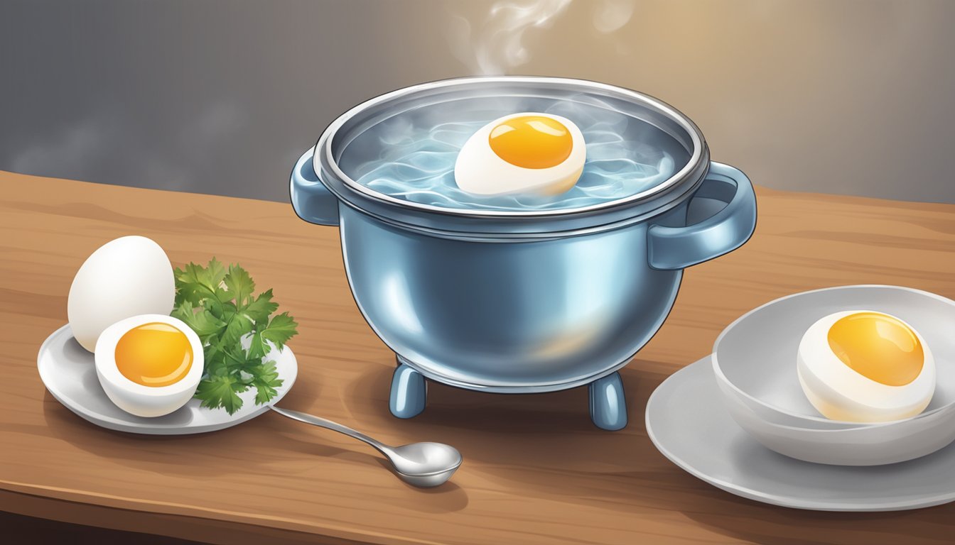 A steaming pot of water with two soft boiled eggs resting in egg cups