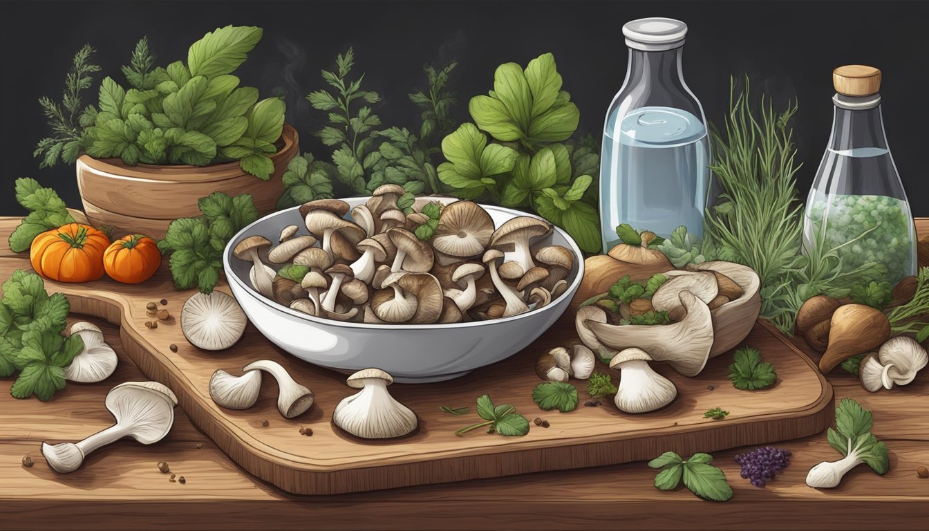 Freshly picked mushrooms on a wooden cutting board, surrounded by various herbs and spices. A knife and a bowl of water are nearby