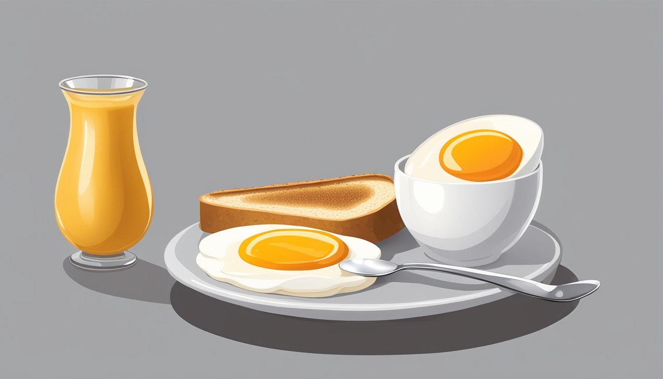 A soft boiled egg in a decorative egg cup with a slice of toast and a small spoon on the side