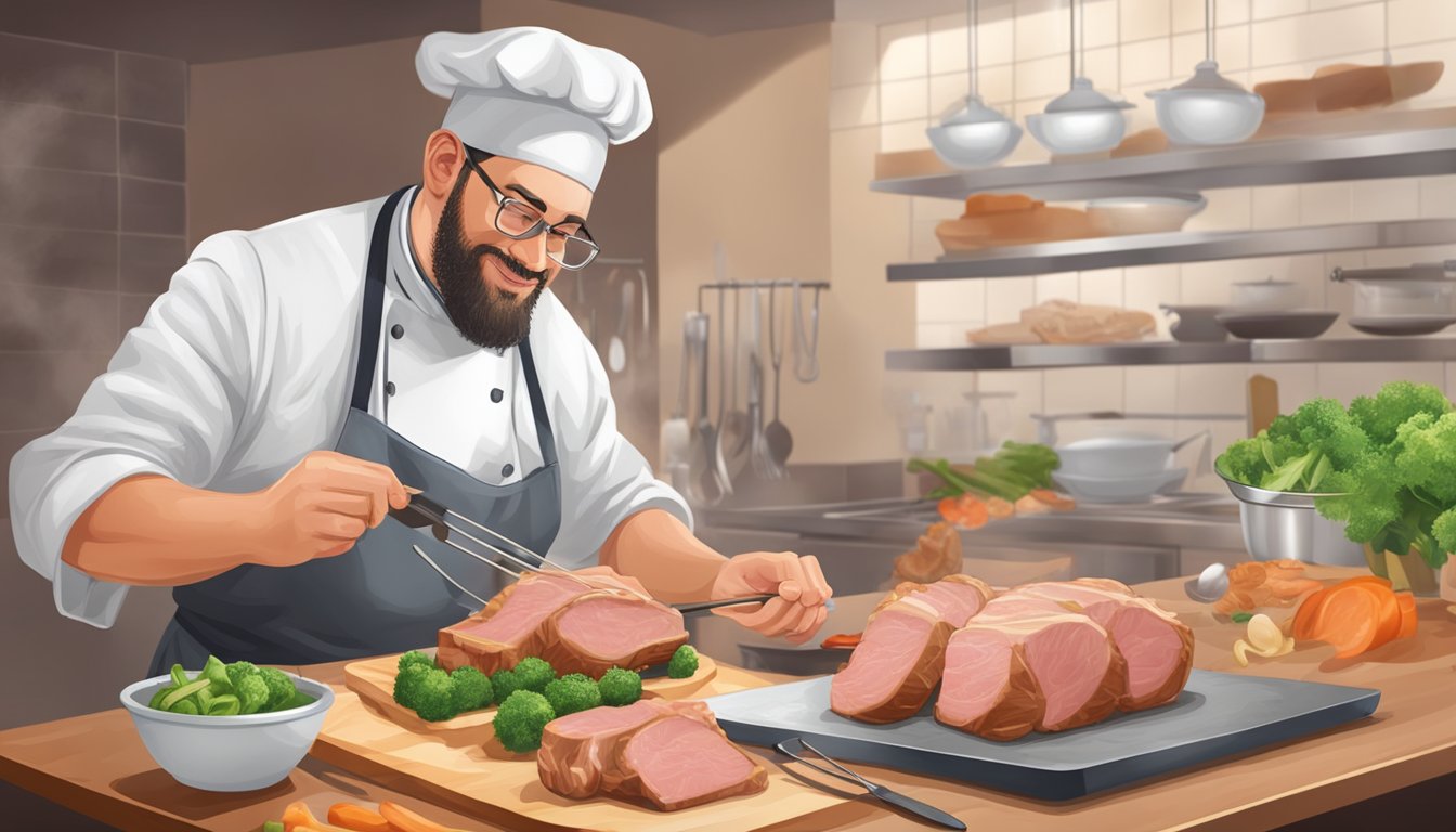 A chef preparing pork with a thermometer and a fully cooked piece as a comparison