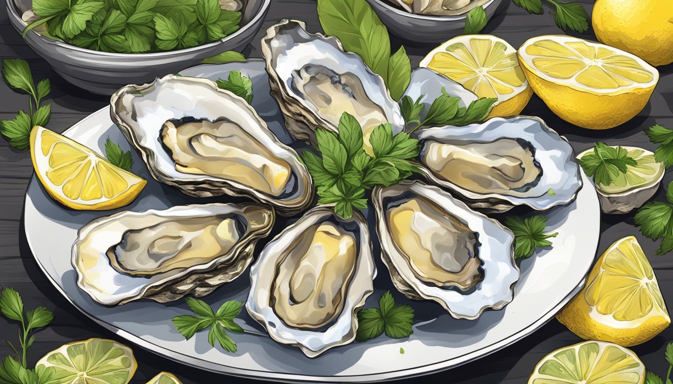 A plate of cooked oysters surrounded by lemon slices and garnished with fresh herbs