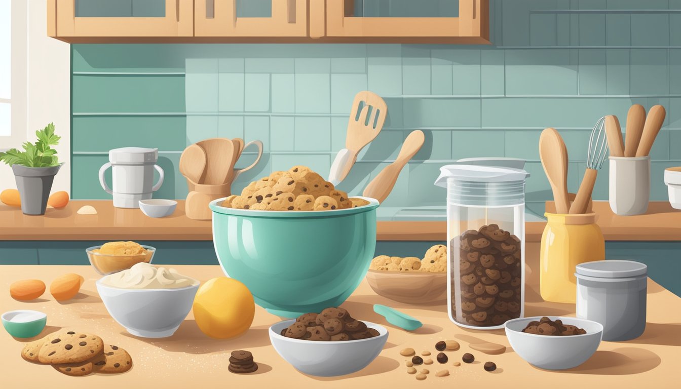 A kitchen counter with a mixing bowl filled with raw cookie dough, surrounded by ingredients and a measuring cup