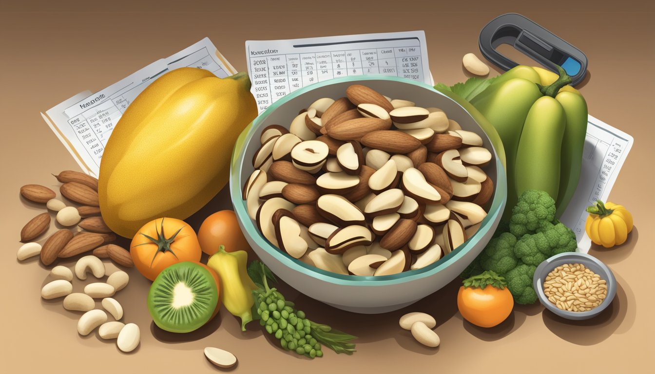 A bowl of Brazil nuts surrounded by various fruits and vegetables, with a measuring tape and a nutrition label in the background