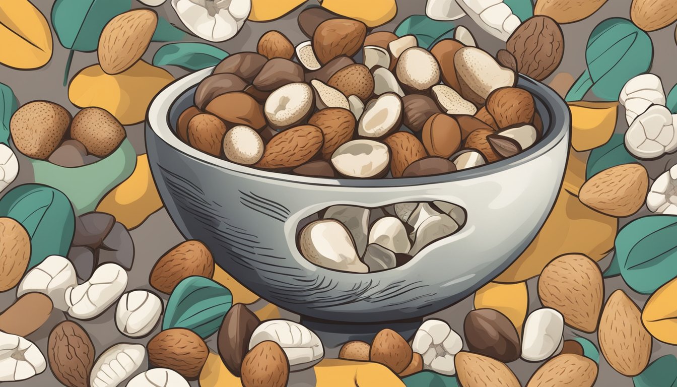 A bowl of brazil nuts surrounded by images of healthy heart, brain, and bones