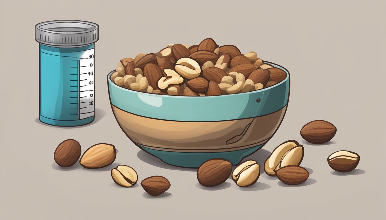 A bowl of mixed nuts with a single brazil nut on top, surrounded by a measuring tape and a portion control guide