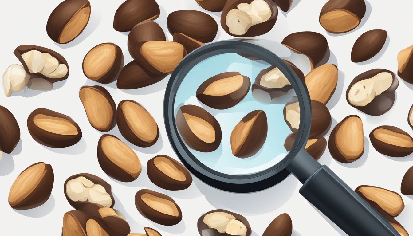 A pile of brazil nuts with a warning sign and a magnifying glass examining the nuts for potential side effects and risks