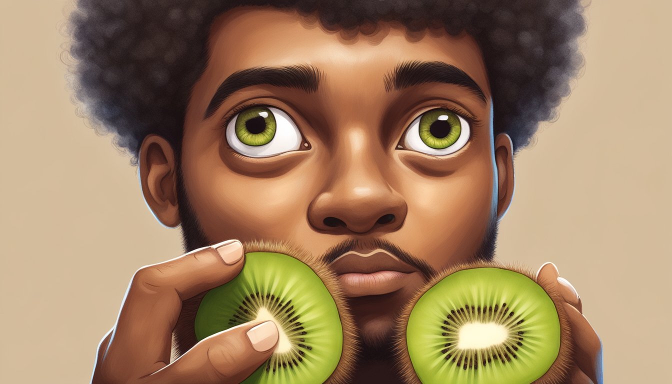 A person holding a kiwi, examining its fuzzy brown skin with a thoughtful expression