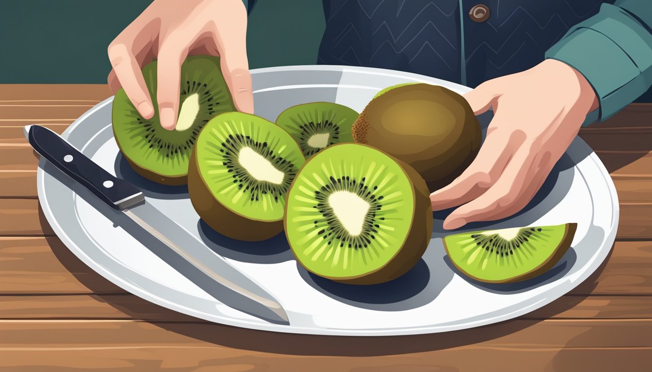 A person holding a ripe kiwi, with a knife and cutting board nearby, preparing to eat the kiwi with its skin on