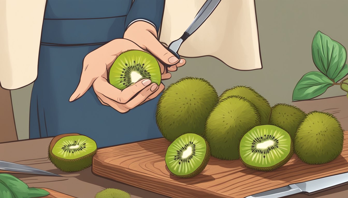 A person holding a kiwi, with a knife and cutting board nearby, deciding whether to eat the skin