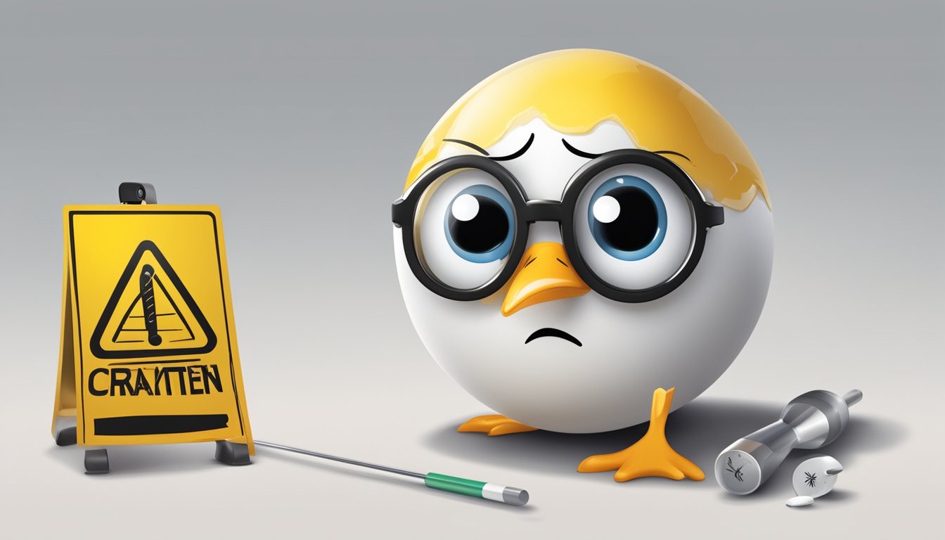 A cracked egg with a concerned face, surrounded by a caution sign and a thermometer