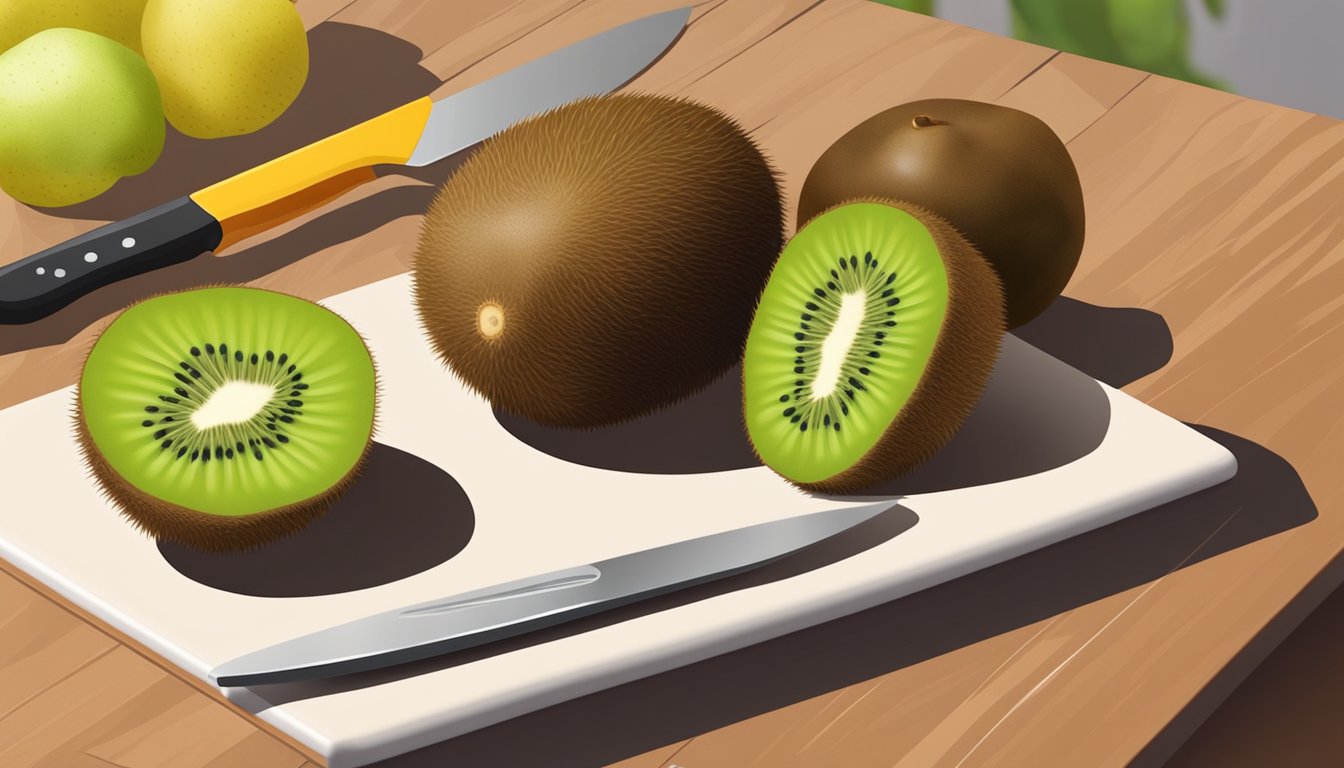 A ripe kiwi fruit with fuzzy brown skin sits on a clean cutting board next to a knife and a bowl of other fresh fruits