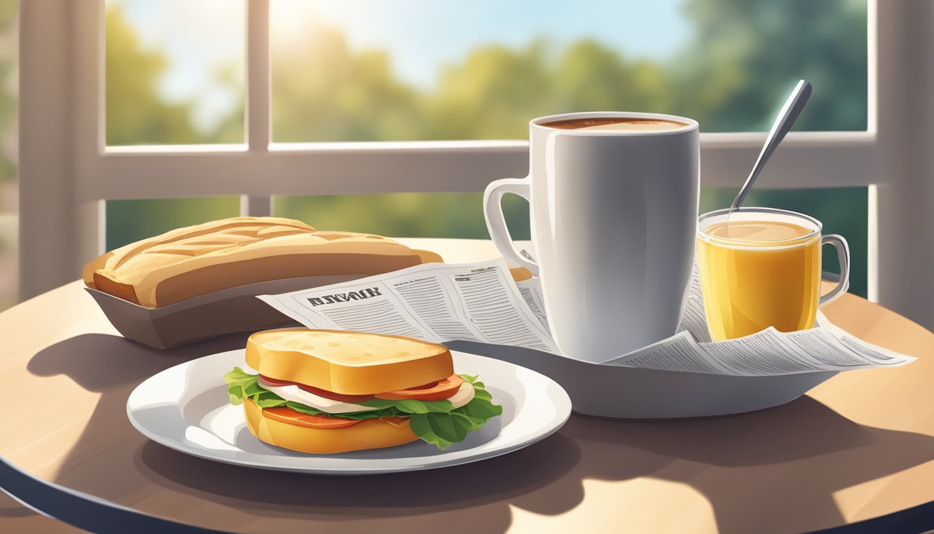 A sunny morning scene with a breakfast sandwich, coffee, and a newspaper on a table