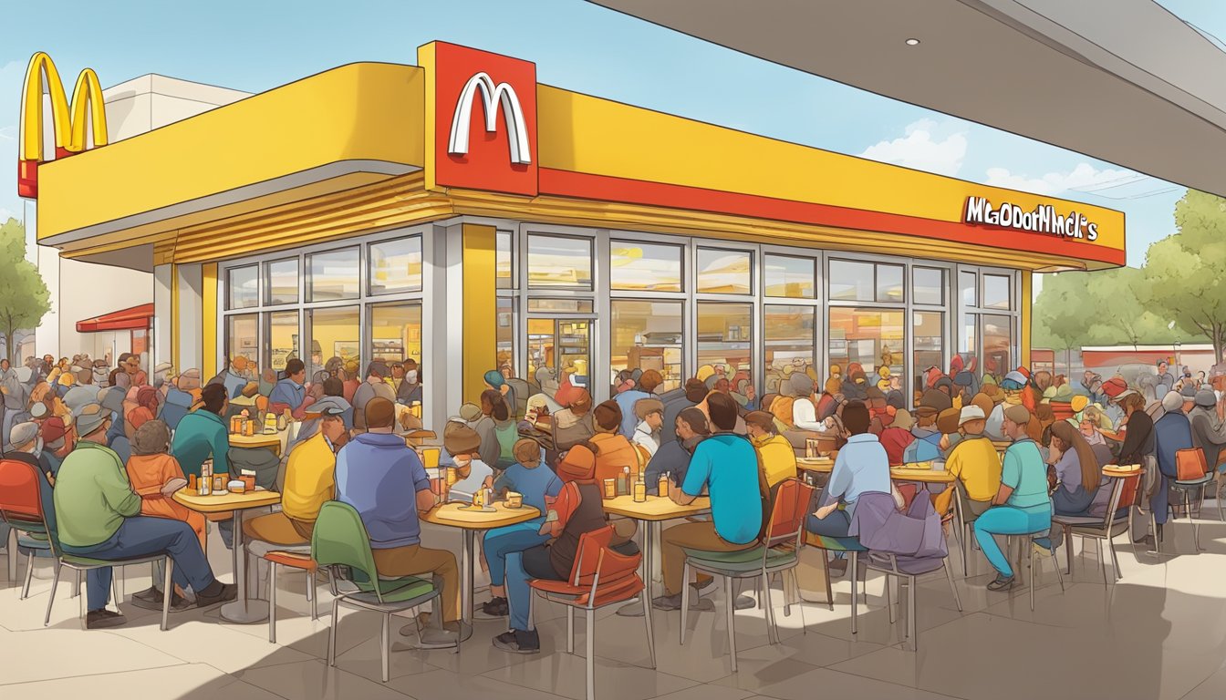 A bustling McDonald's restaurant with the iconic golden arches, serving up hot Egg McMuffins to a crowd of eager breakfast customers