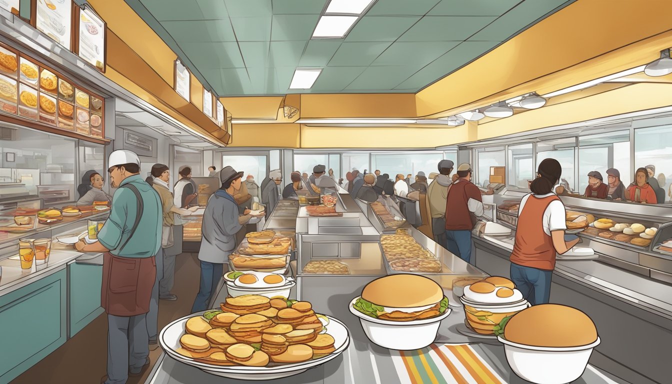 A bustling fast-food restaurant with a line of customers eagerly ordering and receiving Egg McMuffins, while the aroma of sizzling bacon and freshly cracked eggs fills the air