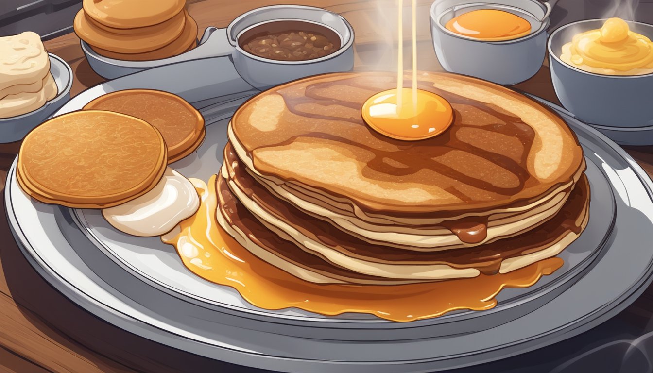 A sizzling griddle surrounded by a halo of rising steam, with a stack of fluffy pancakes and sizzling sausage sizzling on top, while a dollop of syrup glistens in the center