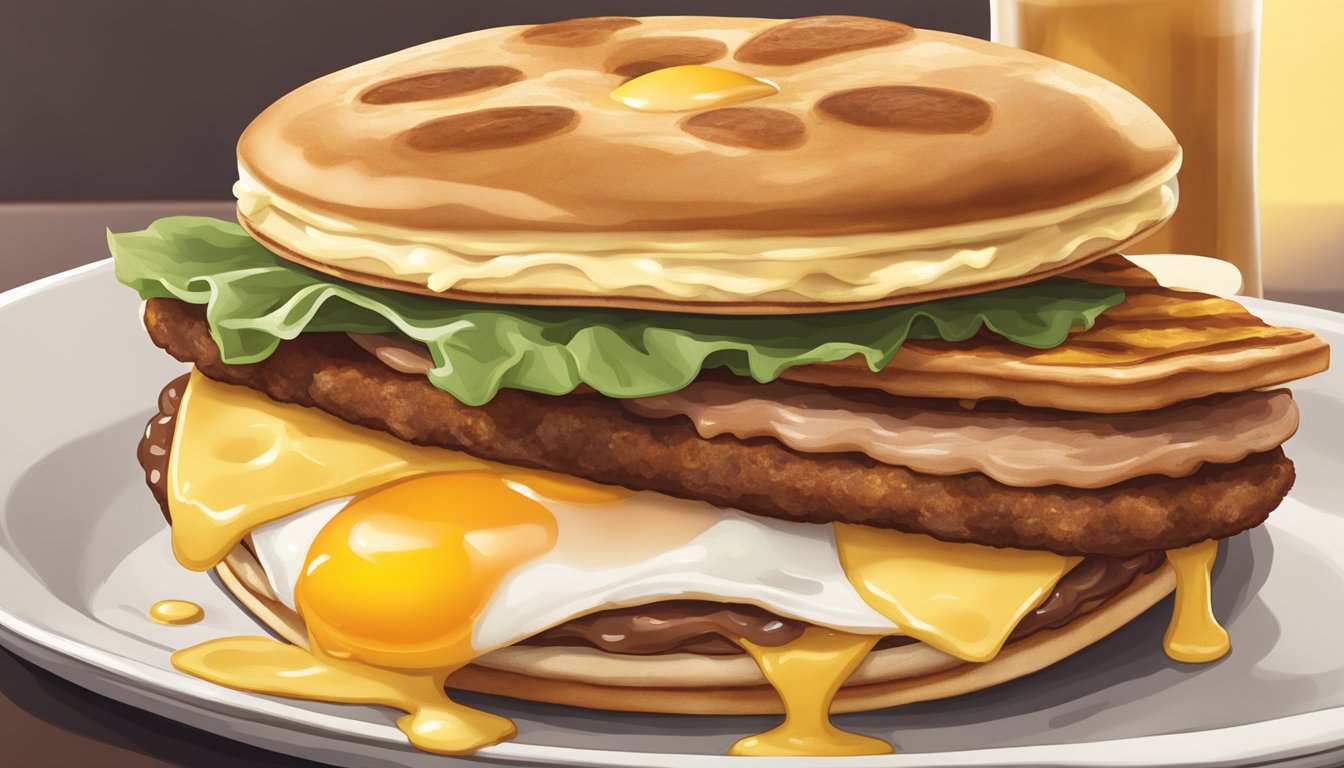 A McGriddles sandwich with layers of sausage, egg, and melted cheese between two sweet maple-flavored griddle cakes