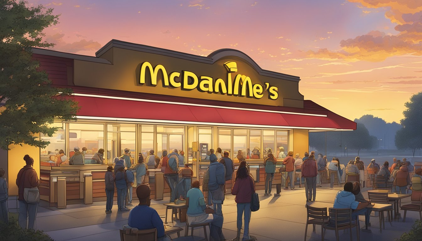 A bustling McDonald's restaurant at dawn, with the golden arches illuminated against a changing sky, as customers eagerly line up for the newly extended breakfast hours