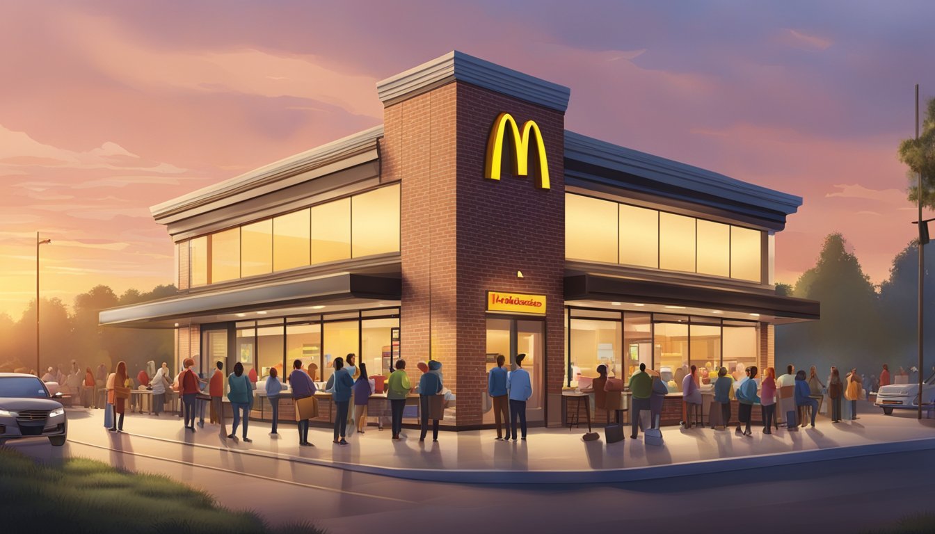 A bustling McDonald's restaurant at sunrise, with a line of customers waiting eagerly as the franchisee and staff prepare for the start of breakfast hours