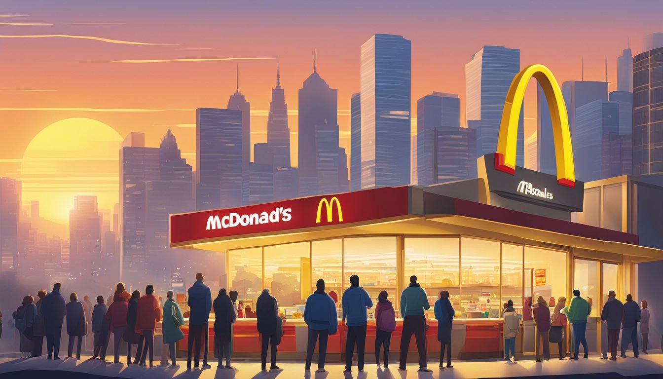 A sunrise over a bustling city skyline with McDonald's golden arches glowing in the early morning light, as customers eagerly line up for breakfast