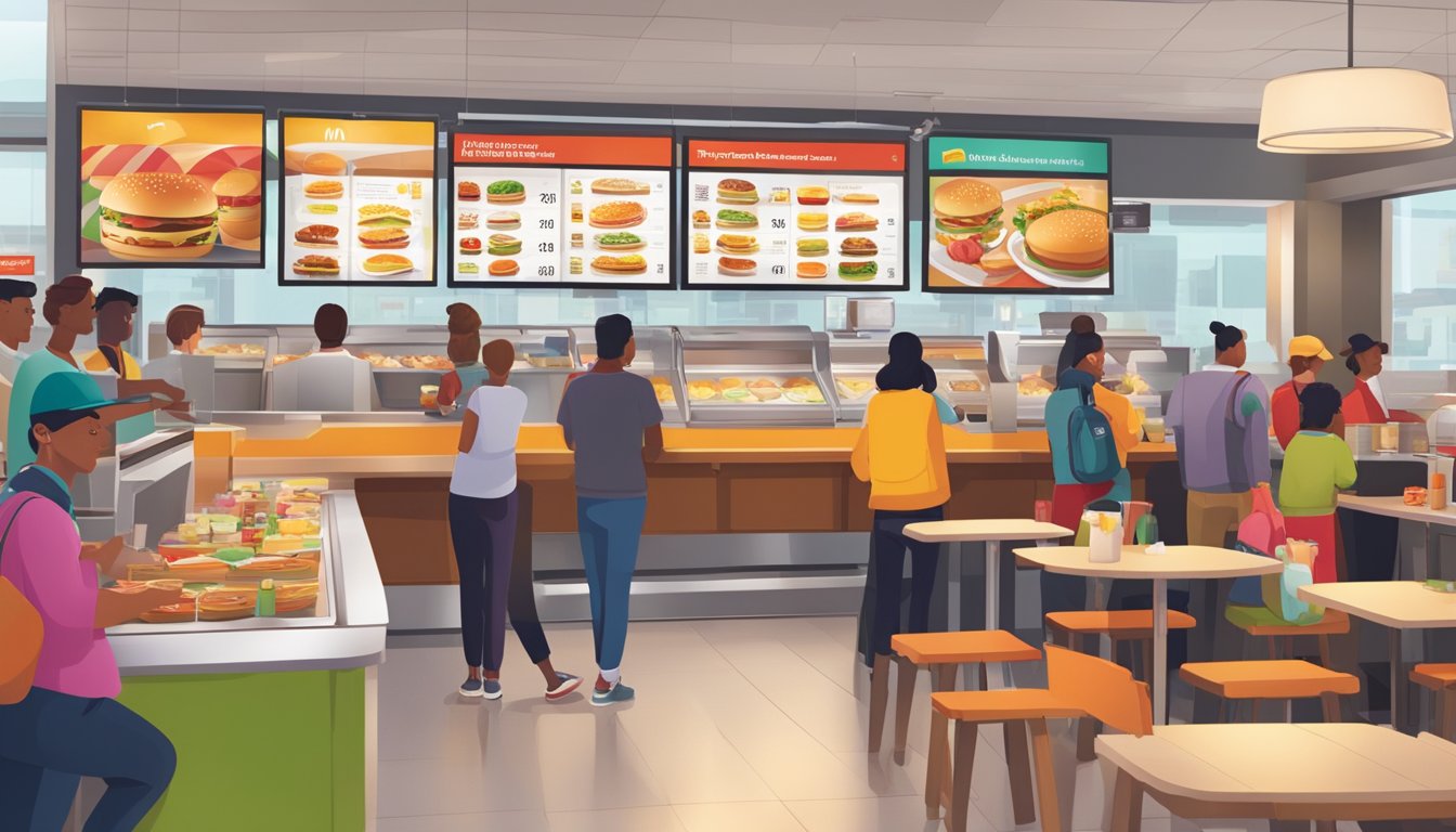 A bustling McDonald's restaurant with a colorful breakfast menu displayed on a digital screen, while customers line up at the counter to order their morning meals