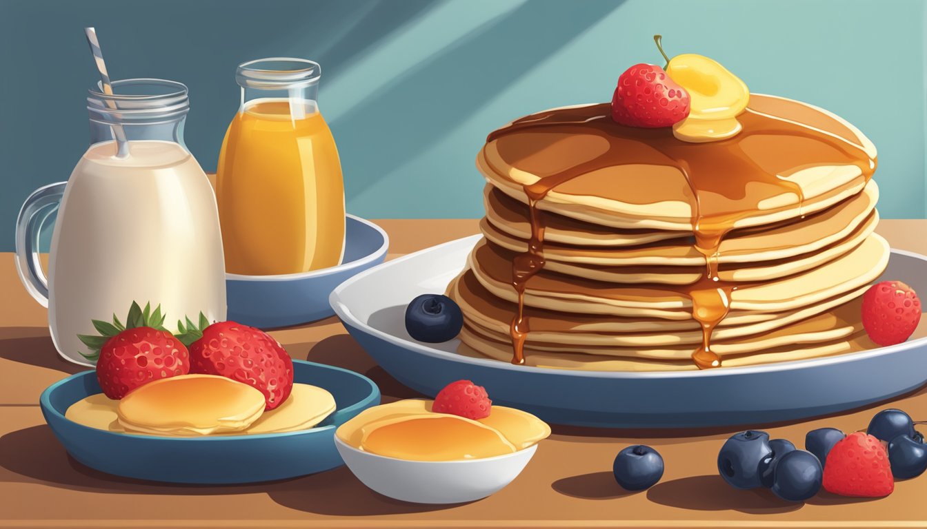 A stack of hotcakes and pancakes side by side, with fresh fruit and syrup on a table. The hotcakes are larger and fluffier, while the pancakes are smaller and thinner