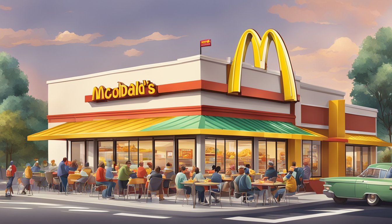 A bustling McDonald's breakfast scene with customers enjoying various breakfast items while the iconic golden arches loom in the background