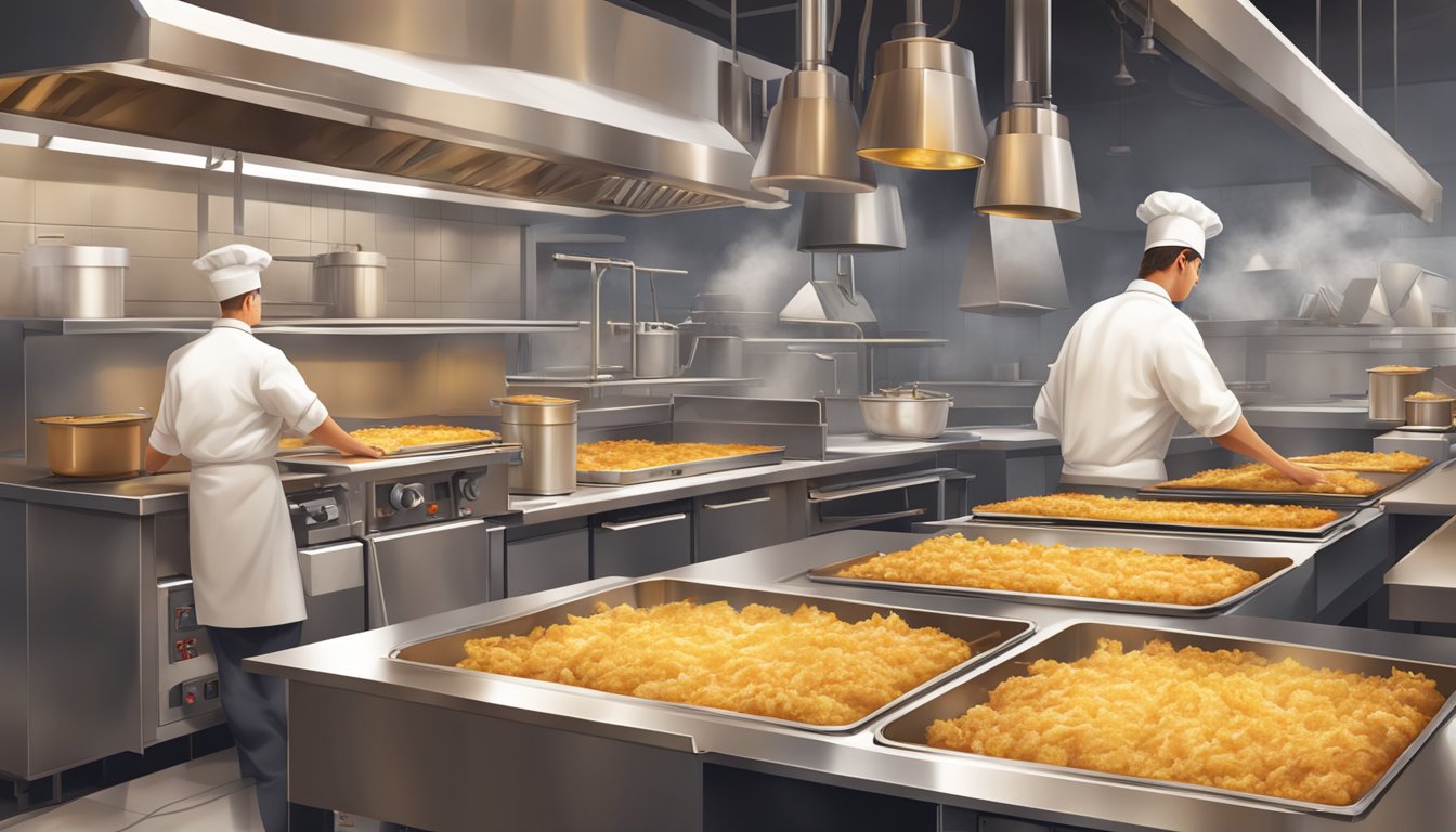 A bustling McDonald's kitchen with sizzling hash browns frying in a golden-brown hue, surrounded by the hum of industrial cooking equipment