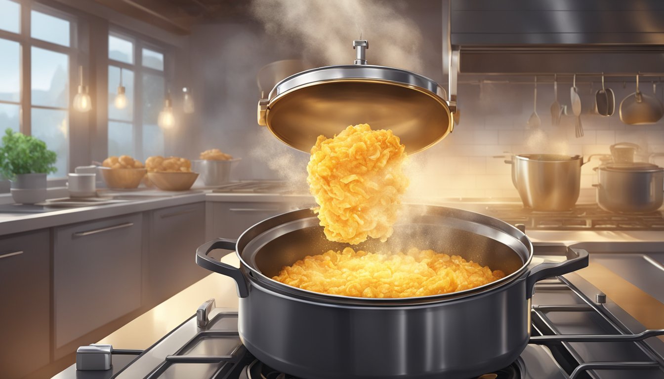 A sizzling golden hashbrown being lifted out of a bubbling fryer, steam rising as it glistens under the warm kitchen lights