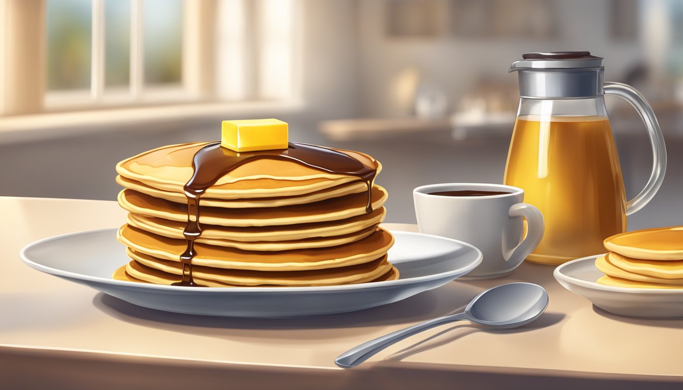 A stack of golden hotcakes topped with syrup and a side of pancakes with melting butter on a breakfast table