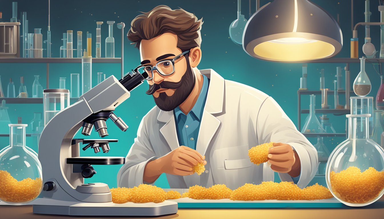 A scientist in a lab, surrounded by beakers and test tubes, analyzing a golden, crispy hashbrown under a microscope