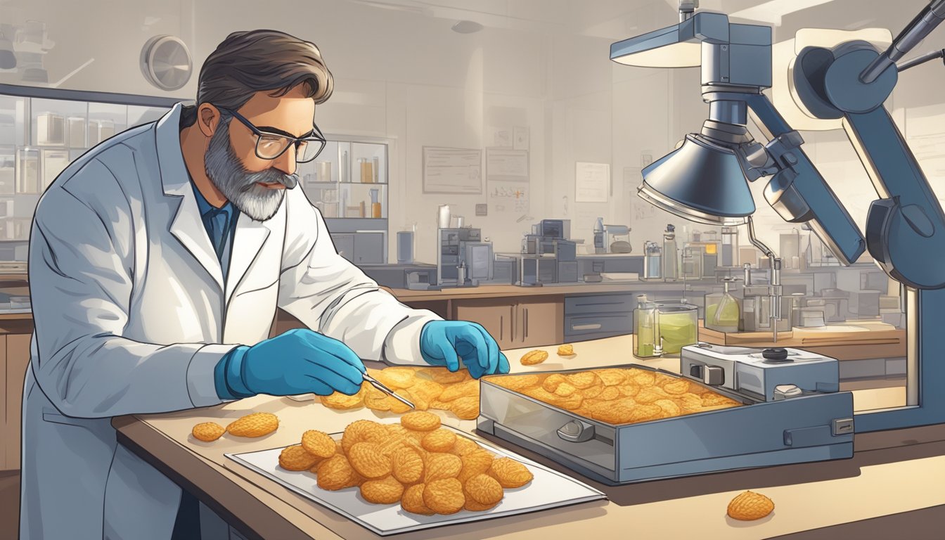 A scientist in a lab, surrounded by equipment and charts, carefully examining a golden, crispy hashbrown under a microscope