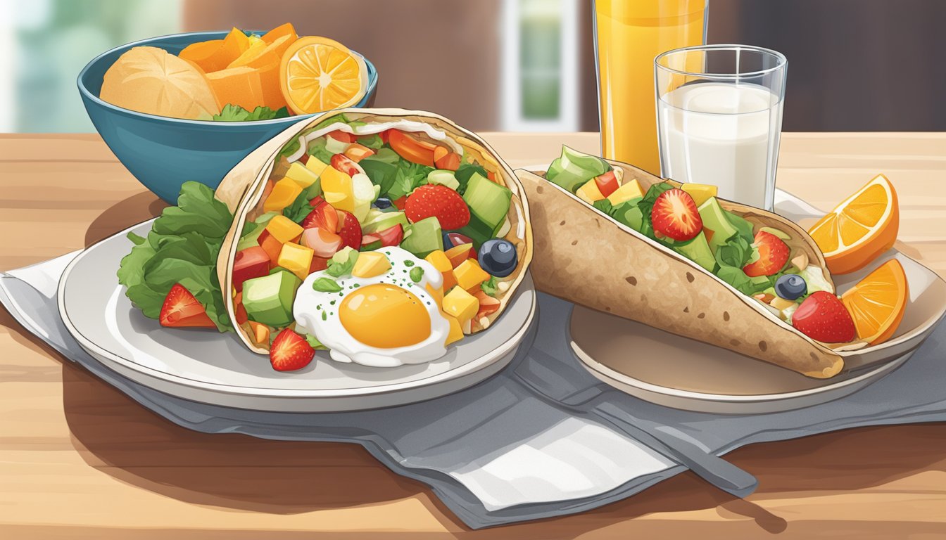 A breakfast burrito surrounded by colorful fruits and vegetables, with a glass of orange juice and a side of yogurt, all on a clean, modern table