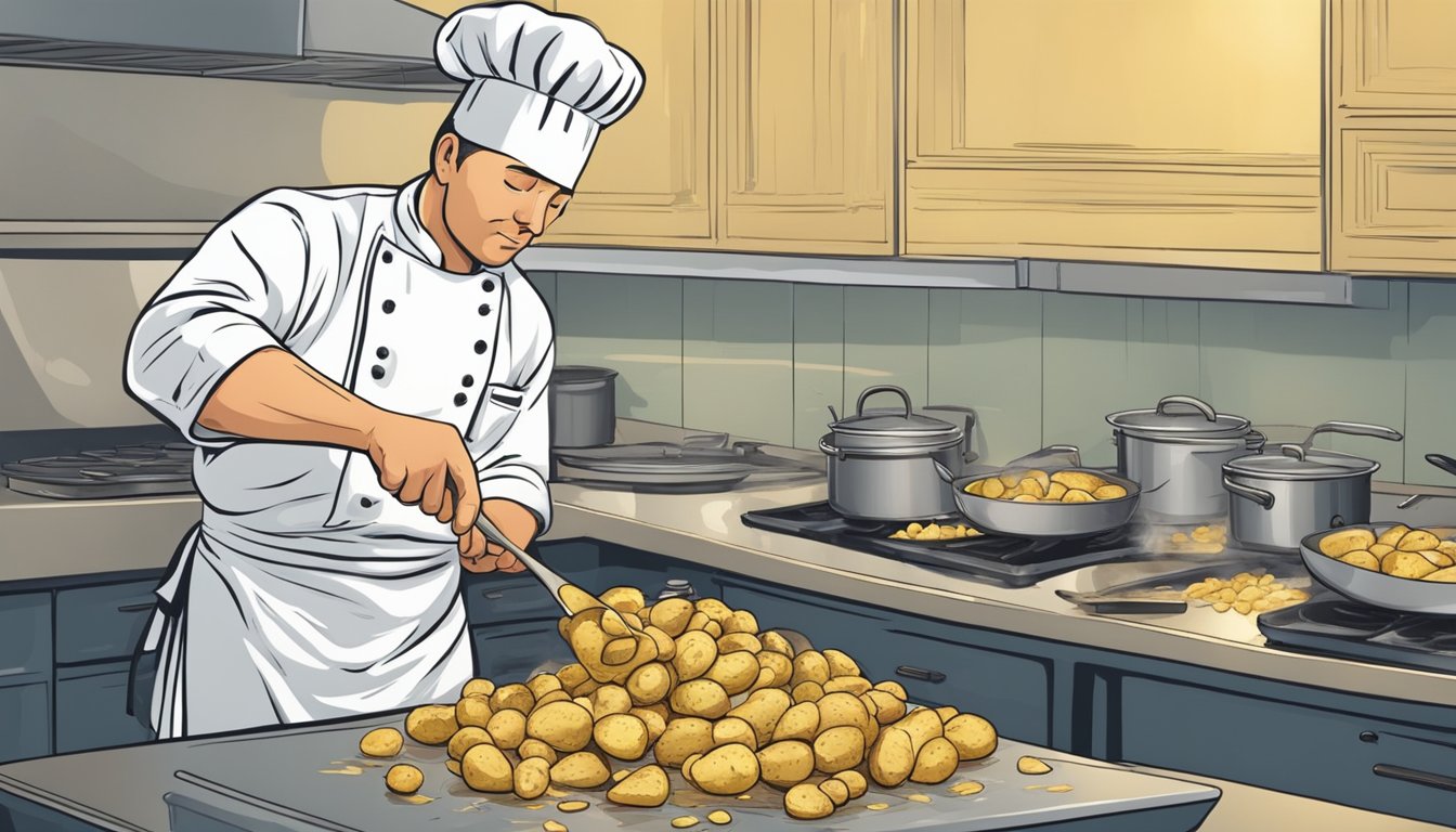 A chef carefully selects and peels fresh potatoes, then expertly grates them into thin strips before frying to golden perfection in a sizzling pan