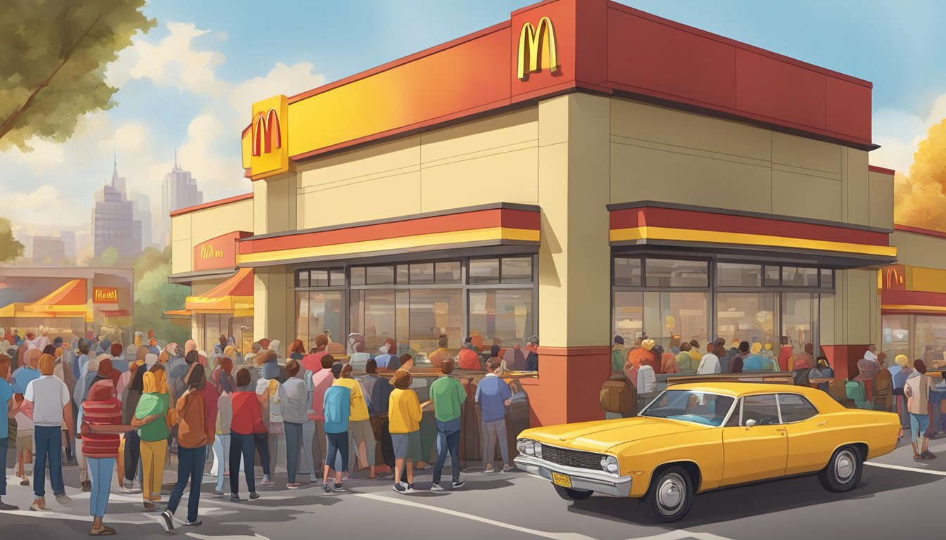 A bustling McDonald's restaurant with a line of customers eagerly waiting for their perfect golden hashbrowns, while the iconic golden arches loom in the background