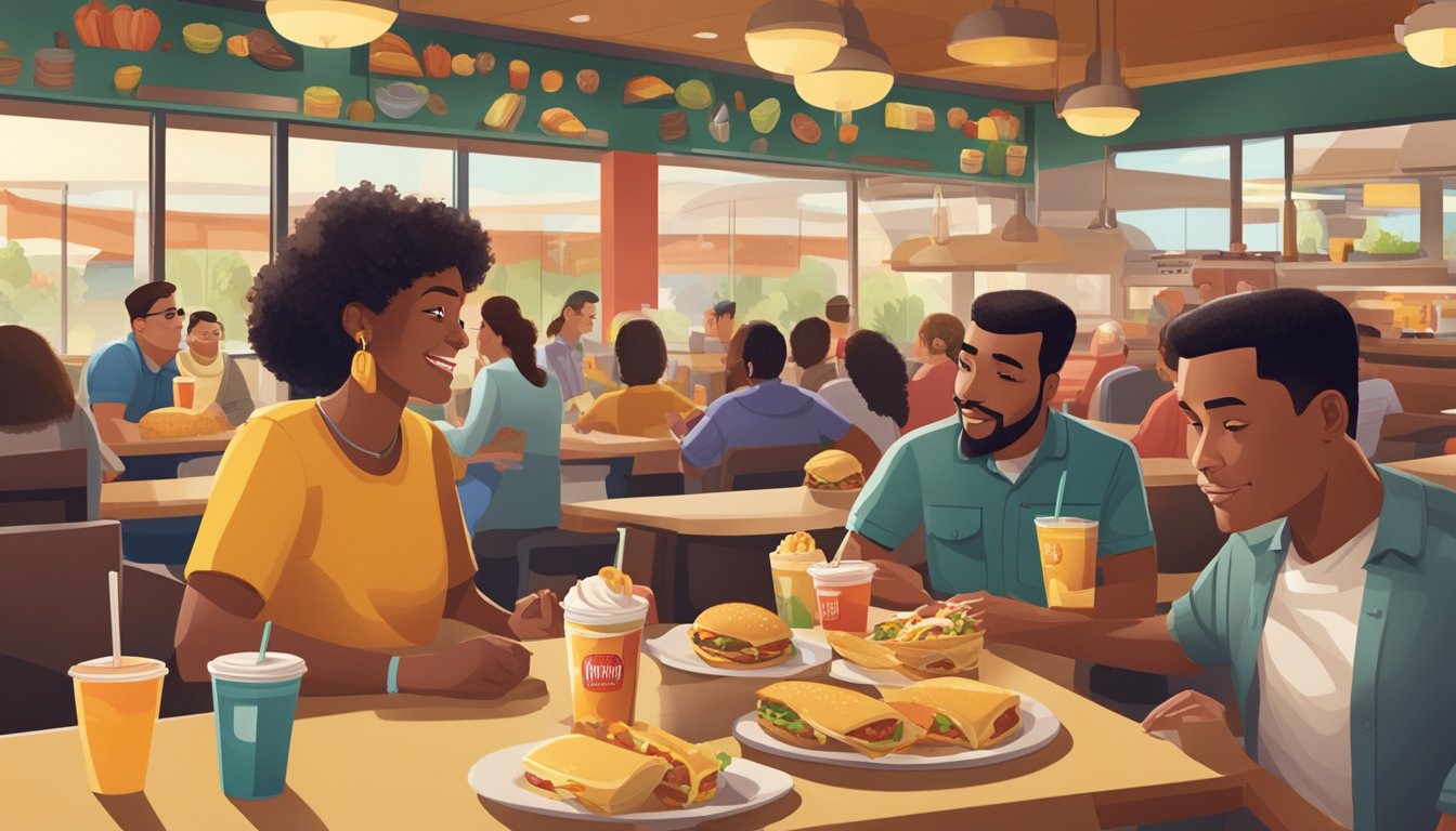 A bustling McDonald's restaurant with a diverse group of customers enjoying breakfast burritos in a Tex-Mex themed setting