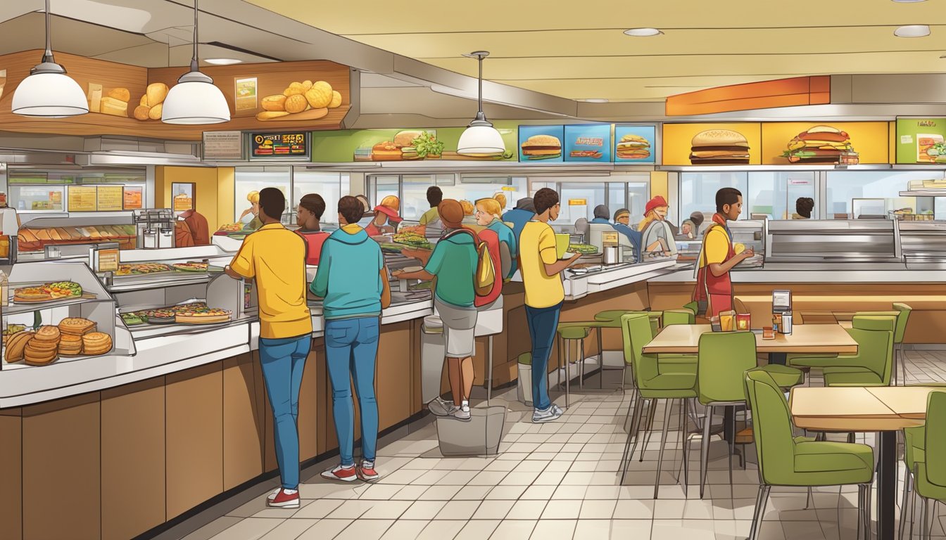 A bustling McDonald's restaurant with a display of breakfast and lunch menu items, showcasing the popularity and demand for all-day breakfast