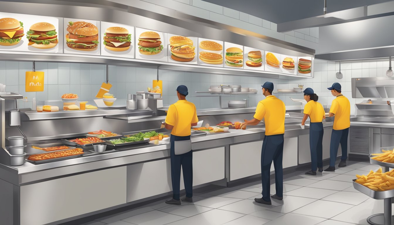 A bustling McDonald's kitchen with synchronized staff, efficiently preparing breakfast items alongside regular menu items to meet all-day demand