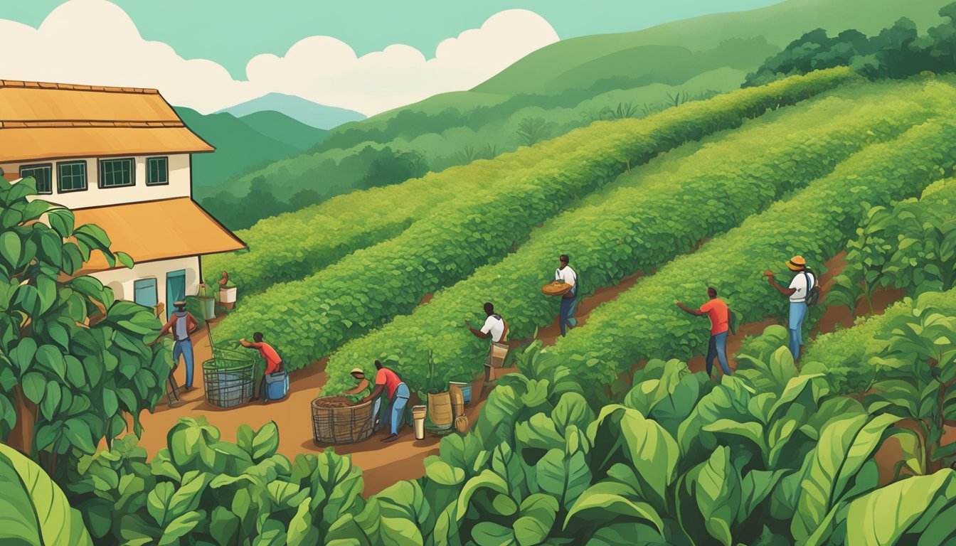 A lush coffee farm with workers harvesting beans, while a McDonald's McCafé sign stands in the background, showcasing the evolution of coffee sourcing and sustainability