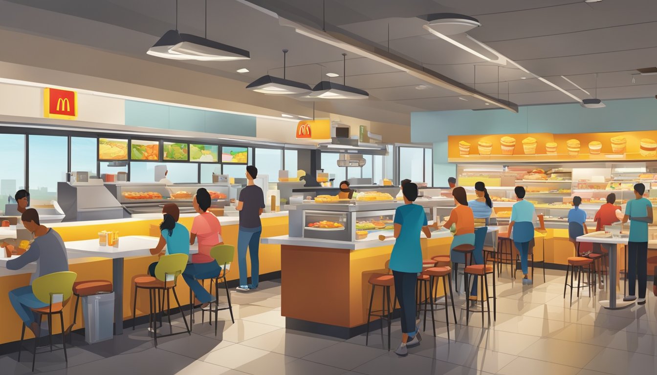 A bustling McDonald's restaurant with morning and evening customers enjoying all-day breakfast options, while employees work efficiently to accommodate the demand