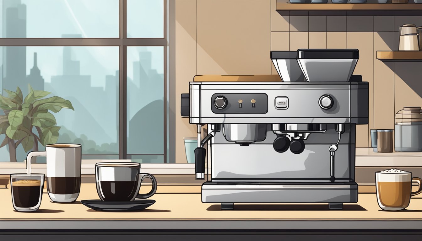 A steaming cup of coffee sits on a sleek, modern counter, surrounded by freshly roasted coffee beans and a shiny espresso machine