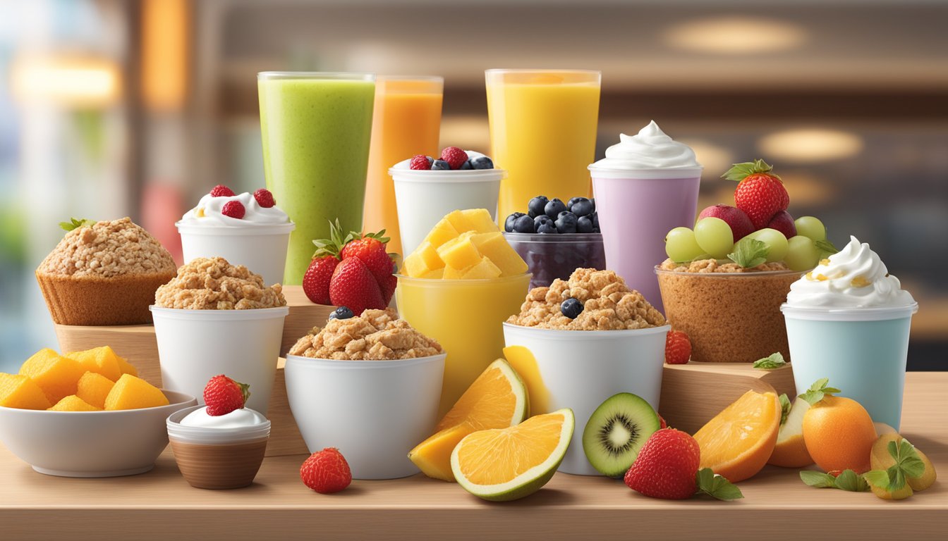 A colorful display of fresh fruits, whole grain muffins, and yogurt parfaits arranged on a clean, modern breakfast menu board at McDonald's