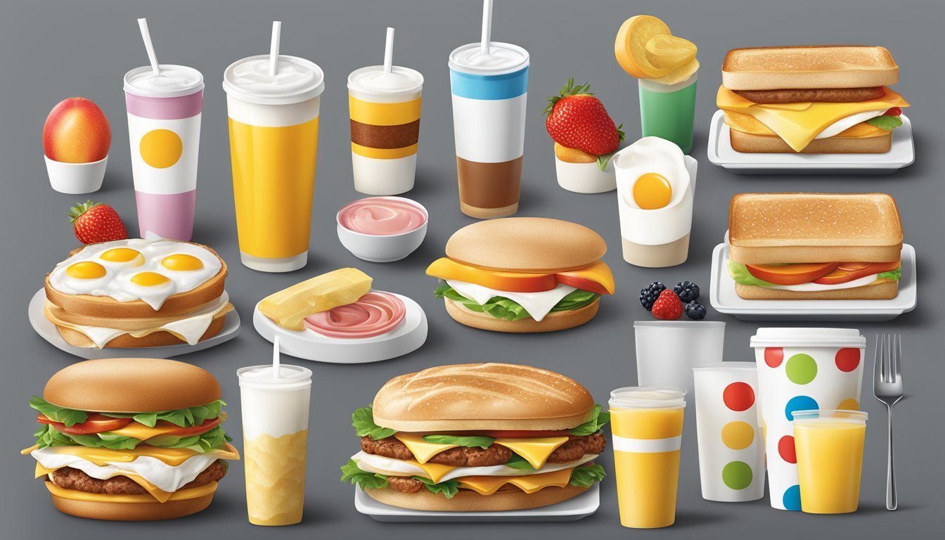 A colorful McDonald's breakfast spread with a variety of customizable healthy options, including oatmeal, fruit, yogurt, and egg white sandwiches